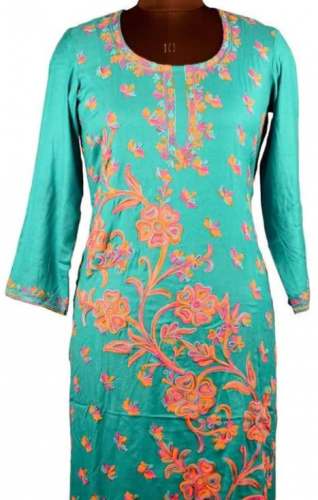 Sea green colour aari work embroidered kurti by Kashmir villa