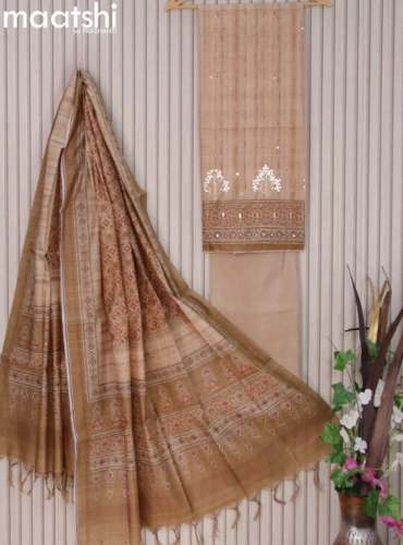Beige Mirror Work Semi Tussar Dress Material