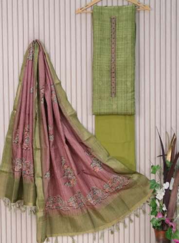 Light Green Semi Tussar With Kantha Stitch Dress Material