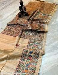 Silk Mark Saree-Hand Painted Tussar Silk Madhubani Saree 