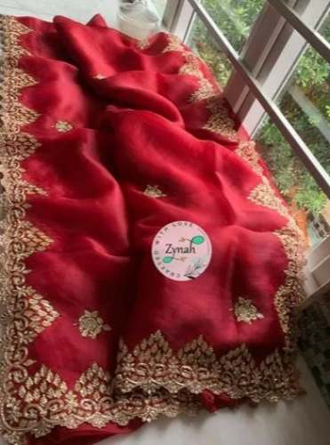 Party wear Red Organza Saree With Sequence work  by Zynah