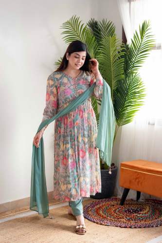 Mehera Green Floral Alia Cut Suit Set