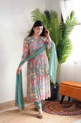 Mehera Green Floral Alia Cut Suit Set