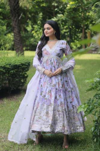Premium Quality Russian Silk Rich Digital Print With Embroidery Work Gown