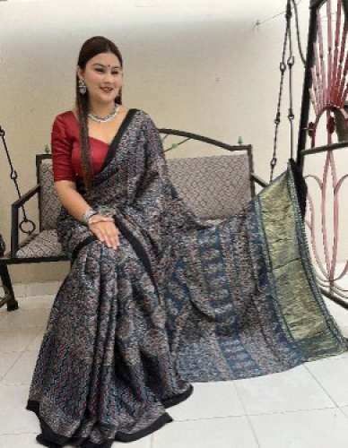 Pure Block Print Ajrakh Saree by MLK Handicraft