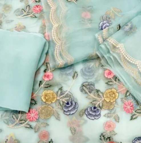 Multi Color Sky Blue Printed Organza Fabric