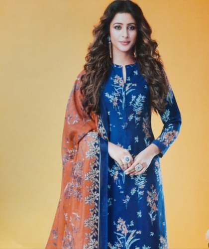 Blue Floral Printed Polyester Ready Made Suit by Variety Cloth Store