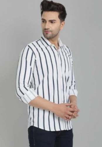Men Striped White Cotton Shirts by Jalaram Fashion