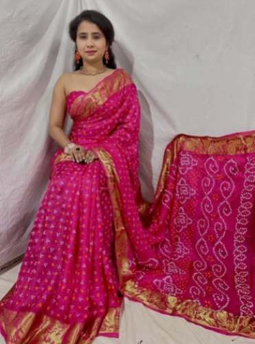 Pink Hathi Border Print Bandhej Saree by Krishnam Cloth House