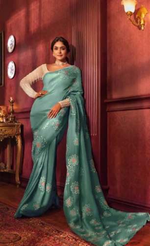 Ladies Blue Embroidered Viscose Tissue Saree by Taneira Sarees