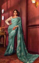 Ladies Blue Embroidered Viscose Tissue Saree