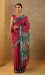 Pink Woven Pure Tissue Cotton Maheshwari Saree with Unstitched Blouse Piece