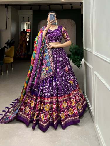 Festive Wear Tussar Silk Bandhej & Patola Print Lehenga Choli