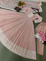  Heavy Cotton Thread Embroidery Sequence Work Gown with Pant and Dupatta