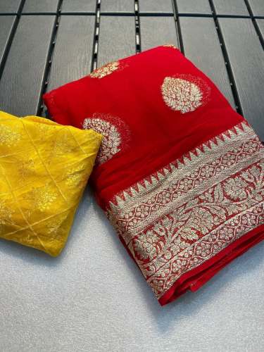 Trending Viscose Georgette Saree With Banarasi Silk Contrast Blouse