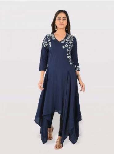 Long Navy Blue Rayon Embroidery Straight Kurti by Pappy Garments