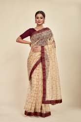 Bone white glass tissue organza Mahalasa saree with geometric coffee and off white block prints