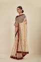 Bone white glass tissue organza Mahalasa saree with geometric coffee and off white block prints thumb 1