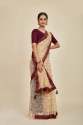 Bone white glass tissue organza Mahalasa saree with geometric coffee and off white block prints thumb 2