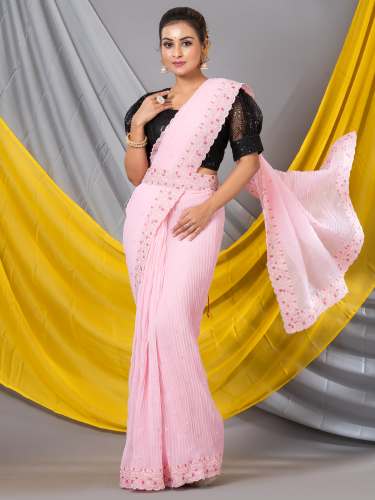 Bubblegum pink Crush Georgette Mahalasa Saree with tone to tone motifs and resham border and belt