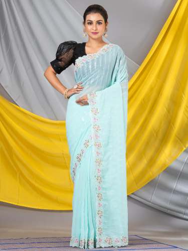 Cyan green Mahalasa saree - geometric sequence (kashmiri threadwork) by house of mahalasa