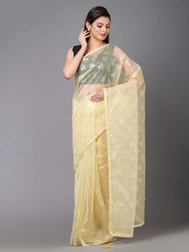 Fruit Yellow Floral Printed Chiffon Designer Mahalasa Saree With Unstitched Blouse