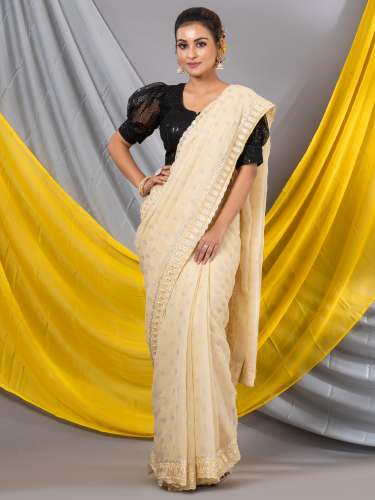 Gold Beige Naturally Dyed Block Printed Chiffon Mahalasa  Saree