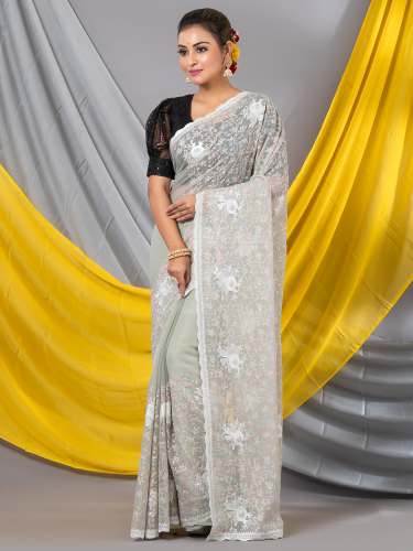 Grey Multi Theared Work Chiffon Designer Mahalasa saree