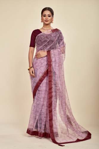 Lavender Tissue Organza Solid Designer Mahalasa Saree With Lece Border