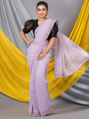 Light Lavender Georgette Crush Pattern Mahalasa Saree With Belt