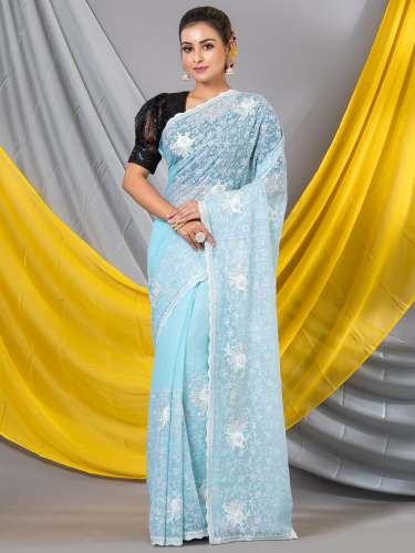 Light Sky Chiffon Sequence Floral Designer Mahalasa  Saree