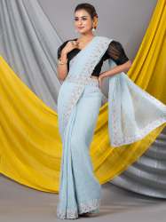 Light Teal Georgette Crush Designer Mahalasa Saree With Belt