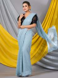 MAHALASA Sky Blue Color Diamond Work With Heavy Embroidery In Border Chiffon Saree