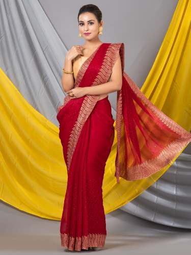 Maroon Shimmer Designer Mahalasa  Saree With Designer Border