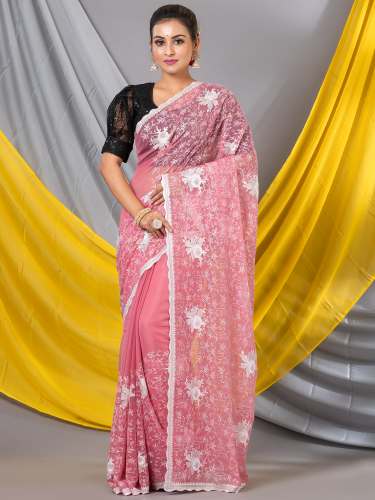 Pink Color Floral Embroidered Designer Mahalasa Saree With Unstitched Blouse