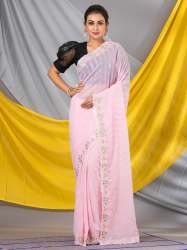 Pink Georgette Floral Embroidered Designer Mahalasa Saree