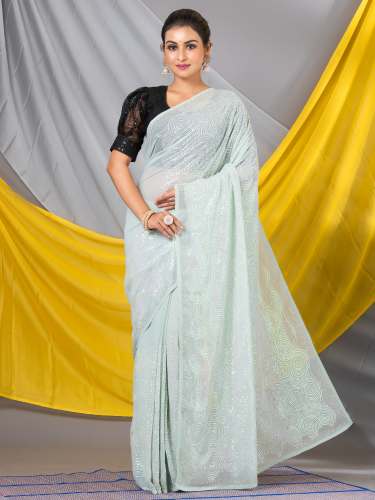 Sea Green Sequins Georgette Designer Saree