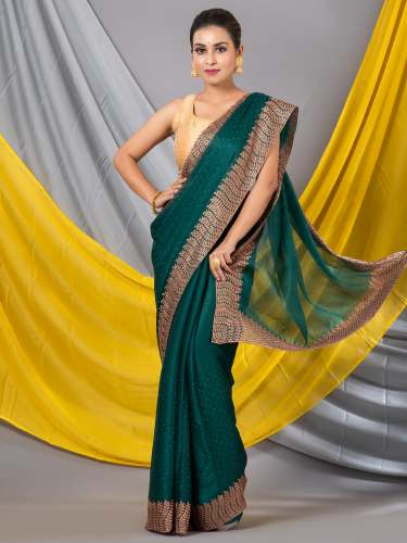 Sea Green Shimmer embellished Border  Work Saree  by house of mahalasa