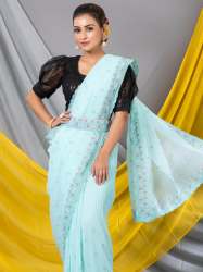 Soft Cyan Blue Crush Georgette Mahalasa Saree with tone to tone motifs and resham border and belt