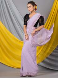 Soft Cyan Lavender Crush Georgette Mahalasa Saree with tone to tone motifs border and belt