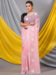 Sweet pink georgette Mahalasa Saree with all over lucknowi chikankari white resham thread work
