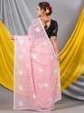 Sweet pink georgette Mahalasa Saree with all over lucknowi chikankari white resham thread work thumb 3