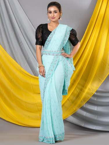 Turquoise Georgette Crush Mahalasa Saree With Belt