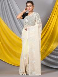 White Floral Resham Embroidered Chiffon Designer Mahalasa Saree