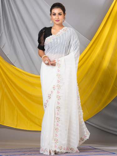 White Georgette Floral Embroidered Designer Mahalasa Saree