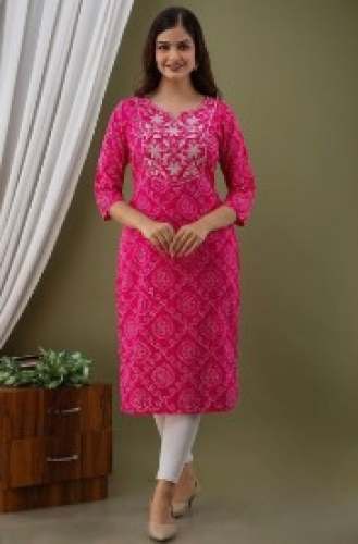 Ladies Pink Daily Wear Printed Kurtis With Embroidered Neck Work by Love Creation