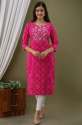 Ladies Pink Daily Wear Printed Kurtis With Embroidered Neck Work