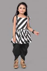 Black and White Leheriya Pattern Dhoti & Kurti Set