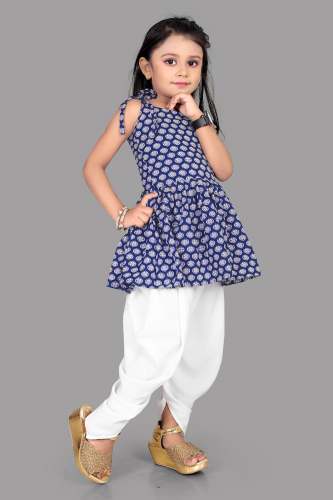 Blue and White Kids Girls Dhoti Kurti Set 