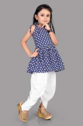 Blue and White Kids Girls Dhoti Kurti Set 